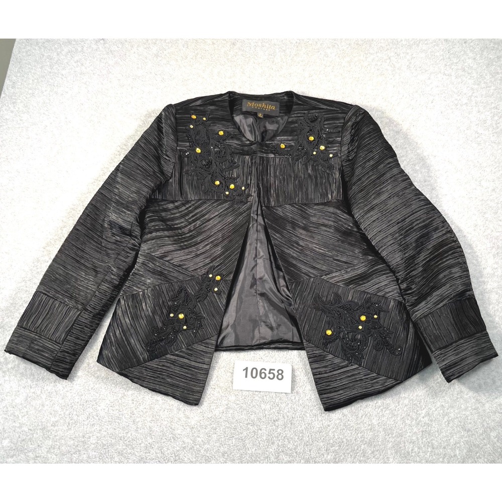 Moshita Couture Blazer Jacket Womens 10 Black Collarless Beaded Embroidered